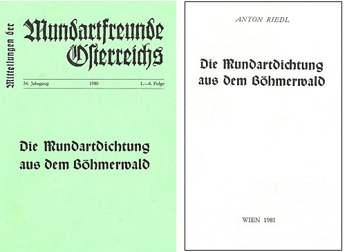 Obálka a titulní list jeho práce o šumavské nářeční poezii vydané Mundartfreunde Österreichs ve Vídni (1981)