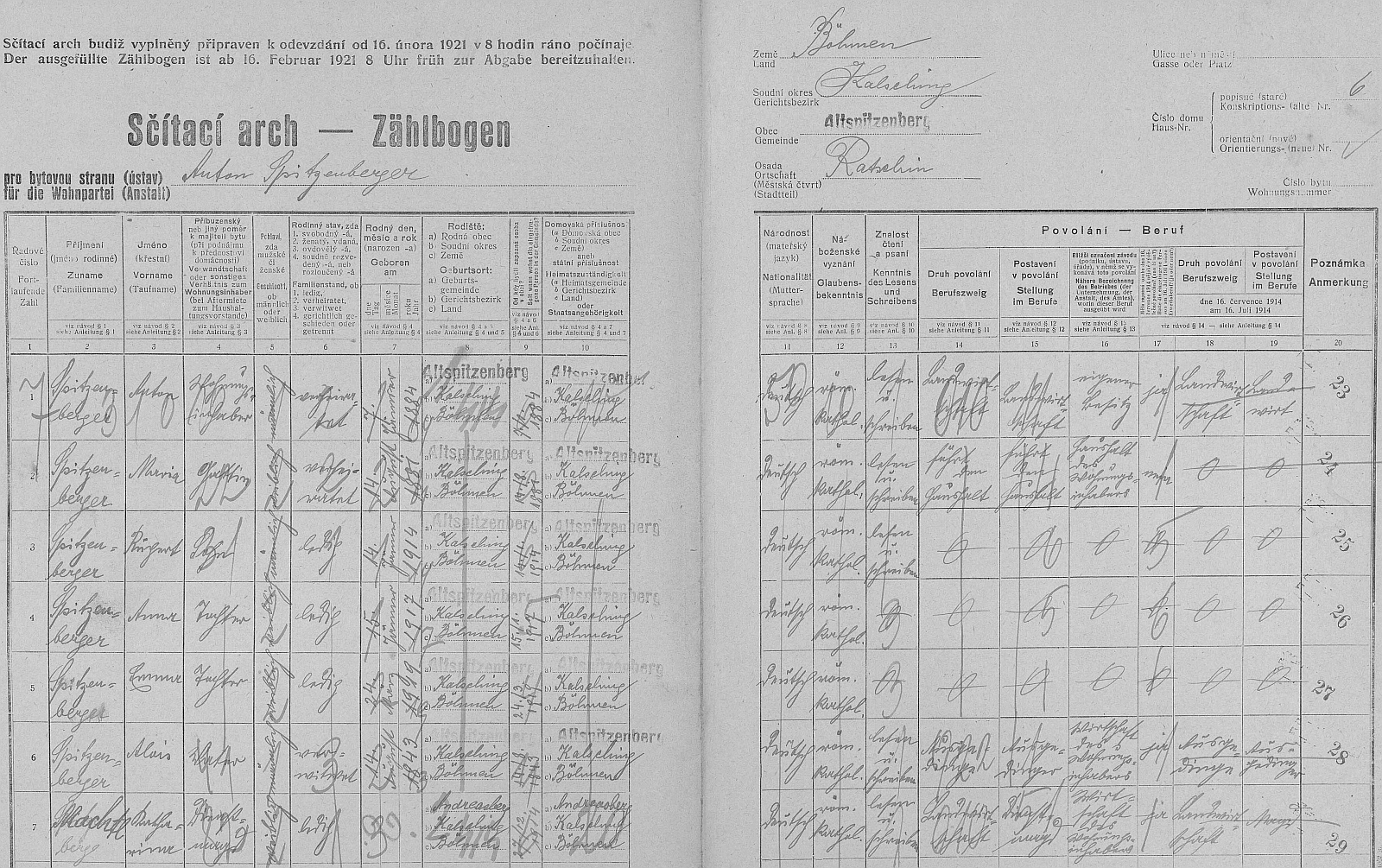 Arch sčítání lidu z roku 1921 pro stavení čp. 6 v Račíně i s maminkou Annou