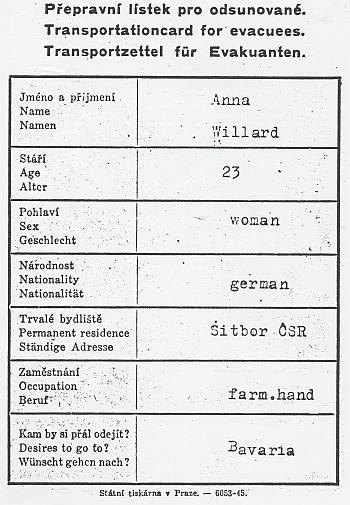 "Přepravní lístek pro odsunované" její matky Anny Wilardové