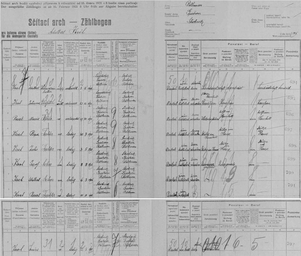 Arch sčítání lidu z roku 1921 pro dům čp. 145 v Horní Stropnici s otcem Adalbertem Kralem (*8. dubna 1868 v Dlouhé Stropnici), matkou Juliannou (*23. prosince 1872 v Dlouhé Stropnici), jejich pěti dcerami, tj. Marií (*1894), Rosou (*1898), Julií (*1901), Reserl (*1901) a "naší" Luise (*1909), jakož i dvěma syny Josefem (*1902) a Adalbertem (*1906), všemi sedmi narozenými už v Horní Stropnici (a to tu ještě chybí dcera Katharina /*1896/)