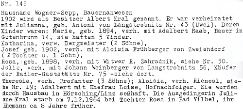 Pocházela z domu čp. 145 v Horní Stropnici, jehož majitelem byl Adalbert (Albert) Kral se svou ženou Julianou, roz. Antoniovou z Dlouhé Stropnice, a kde se narodili i dva jeho synové Josef a Adalbert a dcery Marie , Katharina, Rosa, Julie, Theresia a Aloisia (Luise)