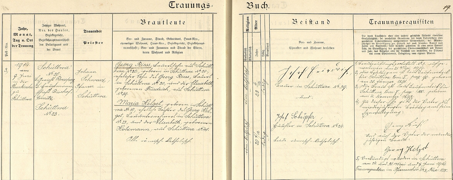 Záznam v šitbořské knize oddaných o svatbě Georga Riesse s Marií Helgetovou