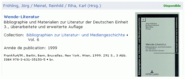 Obálka (1999) a stručný záznam materiálů k literatuře "obratu", týkající se německého sjednocení (1990), v edici bibliografií k dějinám literatury a sdělovacích prostředků, kterou spoluvydává na univerzitě v Siegenu