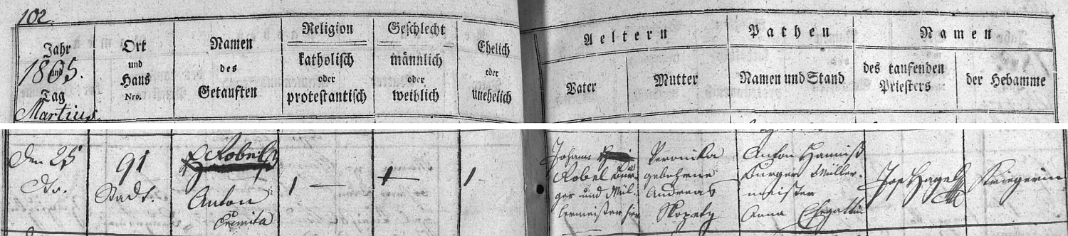 Záznam o jeho narození v českobudějovické matrice