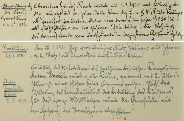 Zápis o jeho nástupu do školy v Račíně po odchodu Heinricha Raaba do Libkovic a také o Rodingerově svatbě už jako řídícího učitele v dubnu 1934 s Annou, roz. Macho z Horní Vltavice - ve školní kronice následuje informace o slavnosti, konané pro žáky k 30. výročí úmrtí Antonína Dvořáka