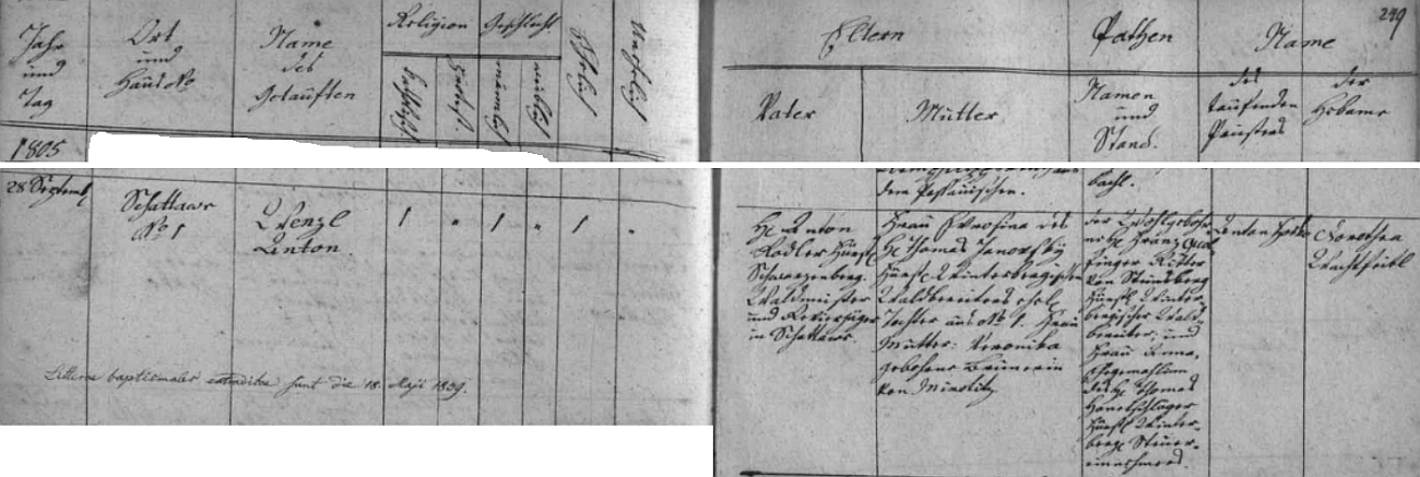 Záznam křestní matriky farní obce Horní Vltavice o narození Wenzla Antona Rodlera 28. září roku 1805 v Zátoni čp. 1 - jako jeho kmotr je tu psán Franz Guolfinger, rytíř von Steinsberg, rodiči chlapcovými byli knížecí lesmistr a revírník Anton Rodler a Ewrosina, dcera knížecího vimperského lesmistra Thomase Janowskyho a jeho ženy Veroniky, roz. Brunerové (zde Brunerin) z Mirotic