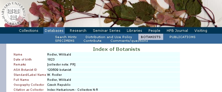 Záznam na webovém indexu botaniků Harvard University Herbaria