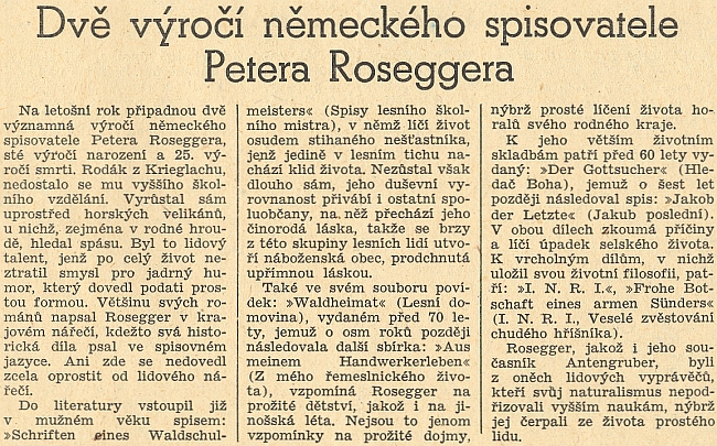 Takto vzpomněl protektorátní list Jihočeská jednota dvou spisovatelových výročí
v roce 1943 nepodepsaným článkem