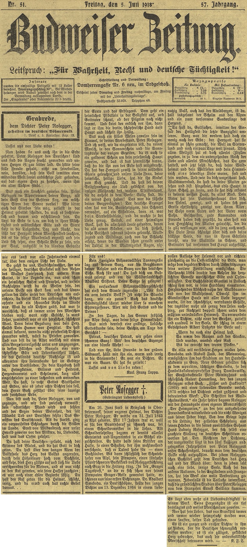 Pohřební proslov na titulní straně českobudějovického německého listu, pokračující Roseggerovým životopisem na dalších stranách, obojí z pera Karla Franze Leppy