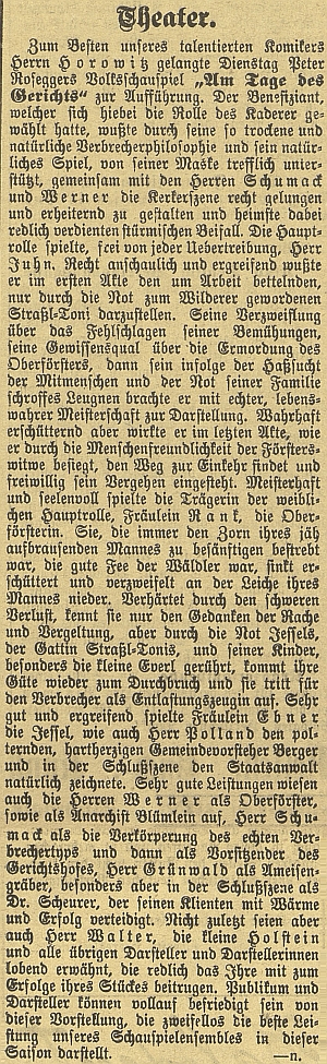Inzerce a ohlas uvedení jeho hry "Am Tage des Gerichts" (tj. "V den soudu") českobudějovickým městským divadlem roku 1916