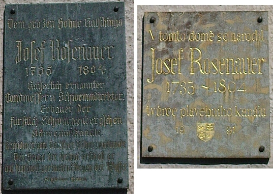 Rosenauerův rodný dům čp. 118 ve Chvalšinách má na sobě dvě pamětní desky: jednu z roku 1928, tu druhou z roku 1991