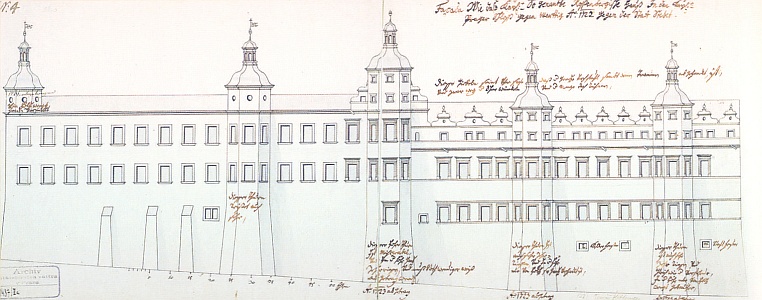 Rožmberský palác na Pražském hradě na kresbě Thomase Haffeneckera z roku 1722