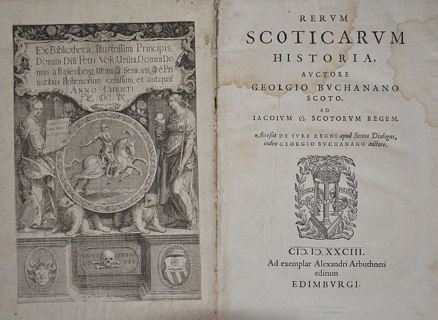 Supralibros a exlibris v edinburském vydání Buchananovy Rerum Scoticarum Historia z roku 1583. které bylo součástí Rožmberské knihovny