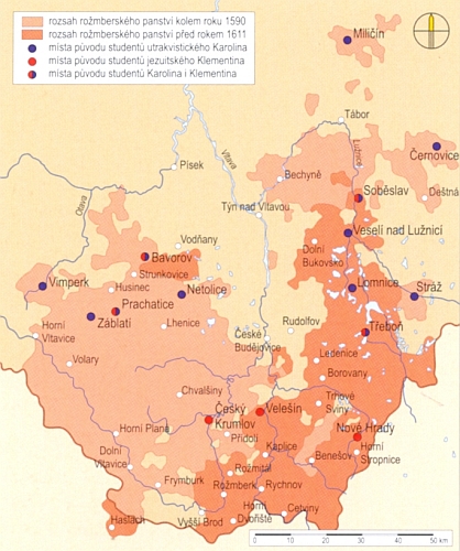 Místa původu studentů pražského Karolina a Klementina z jihočeského rožmberského dominia v poslední třetině 16. a na počátku 17. století