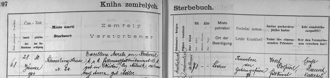 Českobudějovická Kniha zemřelých uvádí jeho jméno v záznamu úmrtí titulem "Excellenz", jako místo uložení do hrobu je uvedeno Mladé (Lodus)