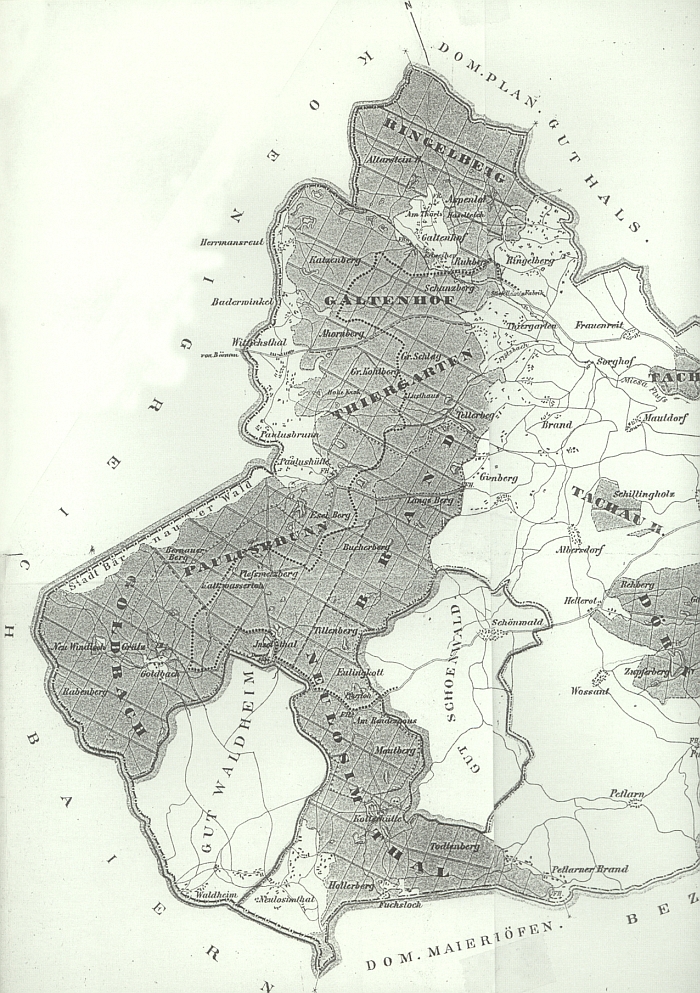 Jalový Dvůr (Galtenhof) na mapě příhraniční části velkostatku Tachov z roku 1872