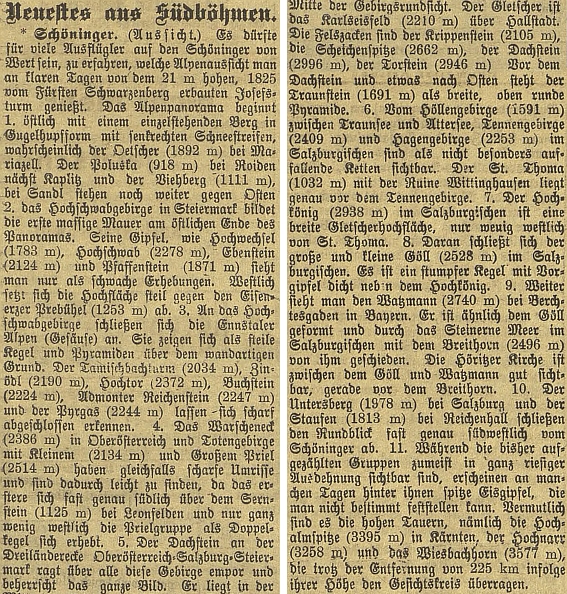 Popis výhledu z rozhledny na Kleti v jednom z čísel českobudějovického německého listu, publikovaný
tu v červenci válečného roku 1918, byl i zřejmým výrazem rakouského vlastenectví