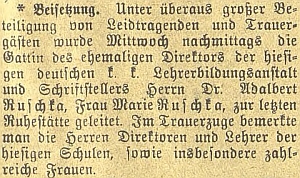 Zpráva o pohřbu jeho ženy v únoru 1904 na stránkách českobudějovického německého listu