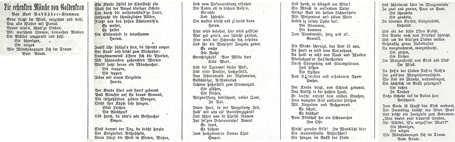 Báseň Kurta Badstübera z Českého Krumlova o oběšených mniších zlatokorunských
v českobudějovickém německém listu