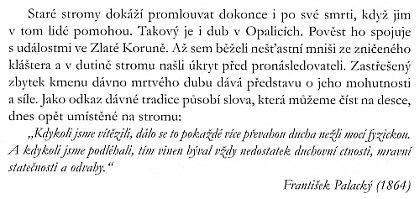 Málem ironicky působí citace Palackého slov z desky na druhé straně dubu v knize o televizním seriálu Paměť stromů, kde byl opalický dub zařazen mezi "Žižkovy stromy"