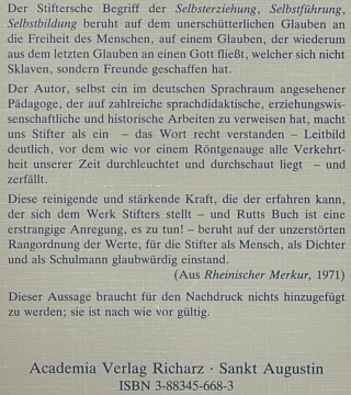 Obálka (1989) třetího vydání jeho knihy o Stifterovi, vydané Academia Verlag Richarz v Sankt Augustin