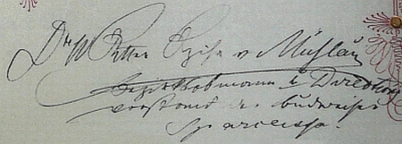 Jeho podpis na pamětní listině českobudějovické synagogy z roku 1888 (viz i Israel Kohn)