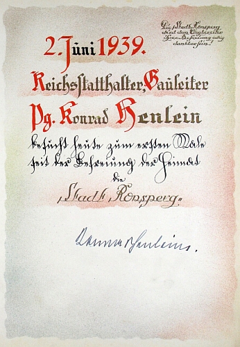 Poslední dochovaná stránka v ronšperské předválečné městské kronice