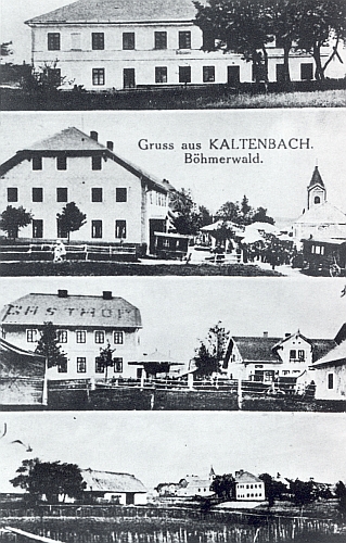 Na pohlednici "z Kaltenbachu" je Sagerův "Gasthof" ještě v roce 1934 s nápisem na střeše a poutními stánky i kolotočem před sebou