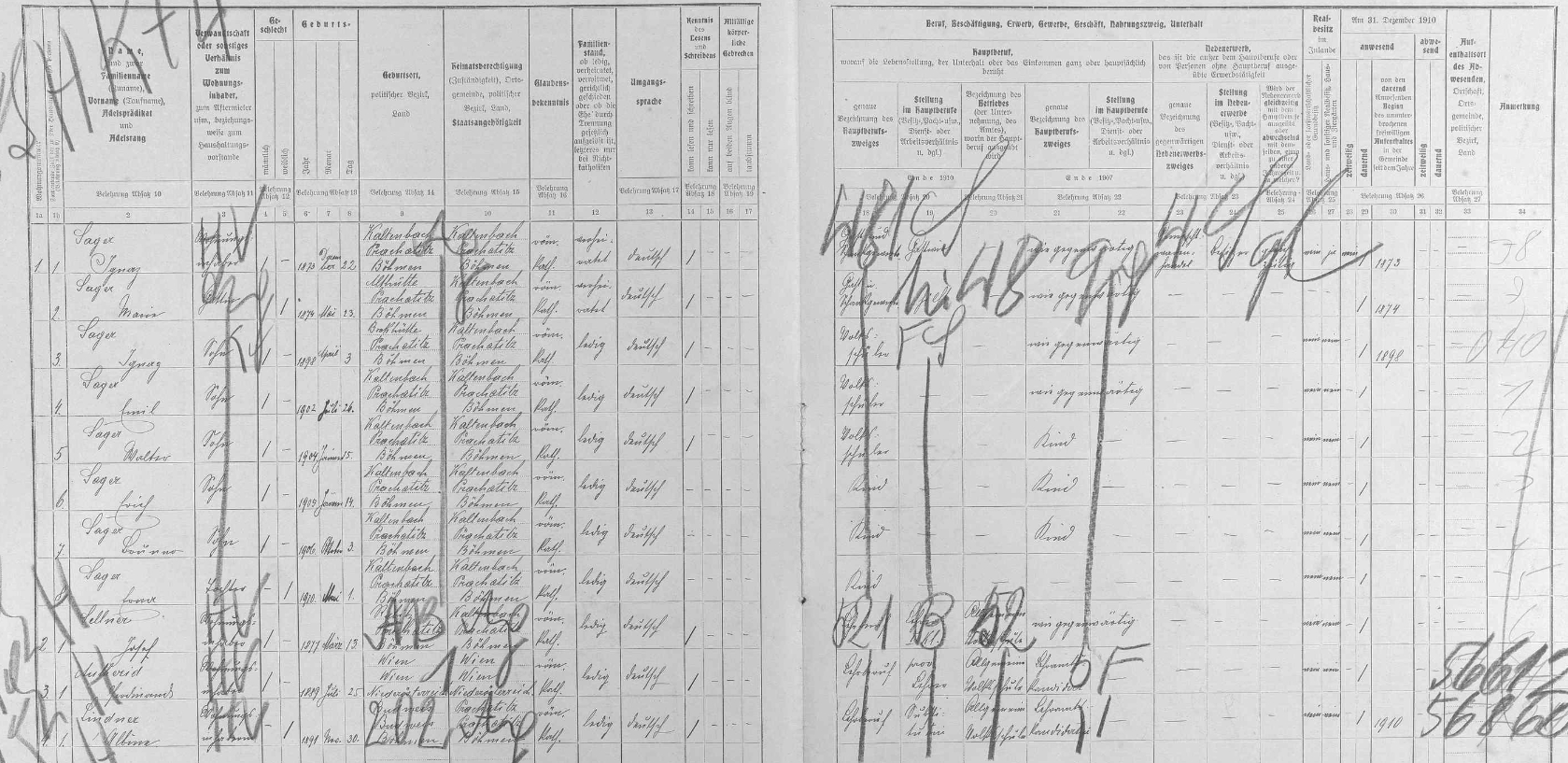Arch sčítání lidu z roku 1910 pro stavení čp. 91 v Kaltenbachu zaznamenává početnou rodinu Sagerovu i s ním, tehdy čtyřletým
