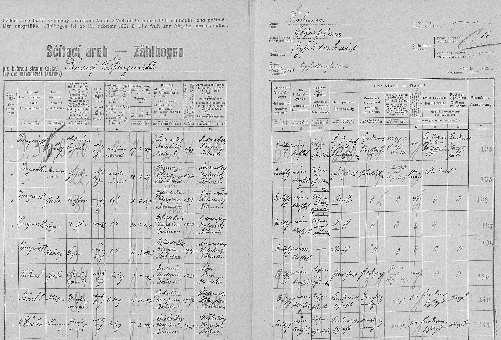 Arch sčítání lidu z roku 1921 pro dům čp. 16 v Jablonci s rodinou Jungwirthovou