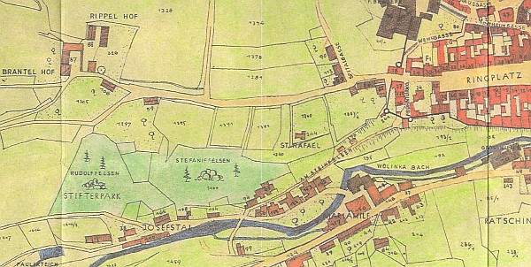 Stifterův park u Vimperka na výseči plánu města z roku 1923