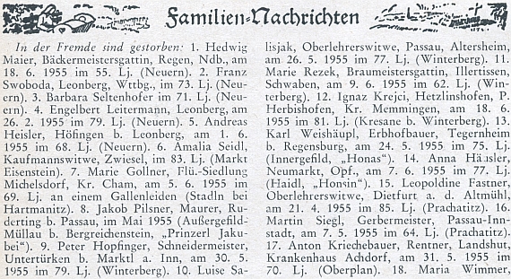 Zpráva o úmrtí jeho ženy (č. 10) na stránkách krajanského měsíčníku, podle nějž byl v roce 1955 Pasov ještě "cizinou" a Vimperk "domovem"