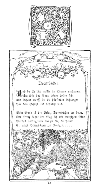 Secesní orámování textů jeho básní Tiché štěstí a Šípková Růženka ze sbírky Ehefrühling (1900)