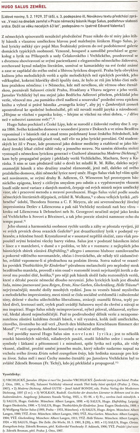 Nekrolog Arne Nováka v Lidových novinách zmiňuje i básníkova syna Wolfganga Václava Saluse