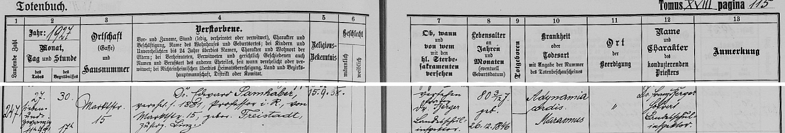 Záznam o jeho skonu v úmrtní matrice vídeňské farnosti při kostele Svaté Rodiny