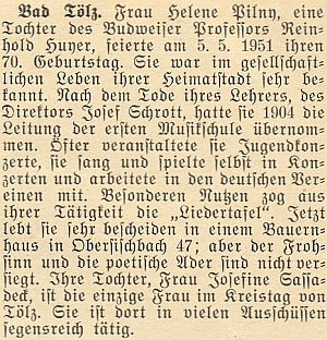 K sedmdesátinám její matky Heleny, dcery profesora Reinholda Huyera, vyšel i s připomenutím Josefininy činorodé práce v Bad Tölz na stránkách krajanského měsíčníku tento text