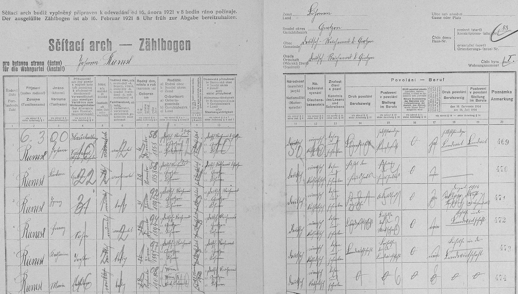 Arch sčítání lidu z roku 1921 pro dům čp. 88 v Rychnově u Nových Hradů s jejím otcem Franzem