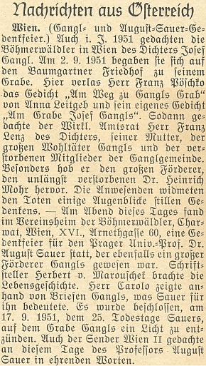 Zpráva z roku 1951 o uctění Sauerových zásluh o ocenění díla Josefa Gangla vídeňskými německými krajany ze Šumavy - jmenován je mezi Franz Pöschko, Franz Lenz, Armin Carolo a Herbert von Marouschek