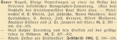 Rejstřík (1927) k obsahu 1.-60. ročníku věhlasného časopisu Mitteilungen des Vereins für Geschichte der Deutschen in Böhmen (MVGDB) uvádí 3 jeho příspěvky a všechny se týkají i autorů, zastoupených na stránkách Kohoutího kříže, ať už je to Karl Herlossohn, Alfred Meissner, hrabě Kaspar Sternberg či zejména Adalbert Stifter