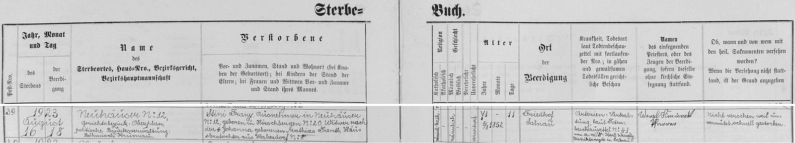 Záznam želnavské úmrtní matriky o skonu Franze Stiniho v Nových Chalupách