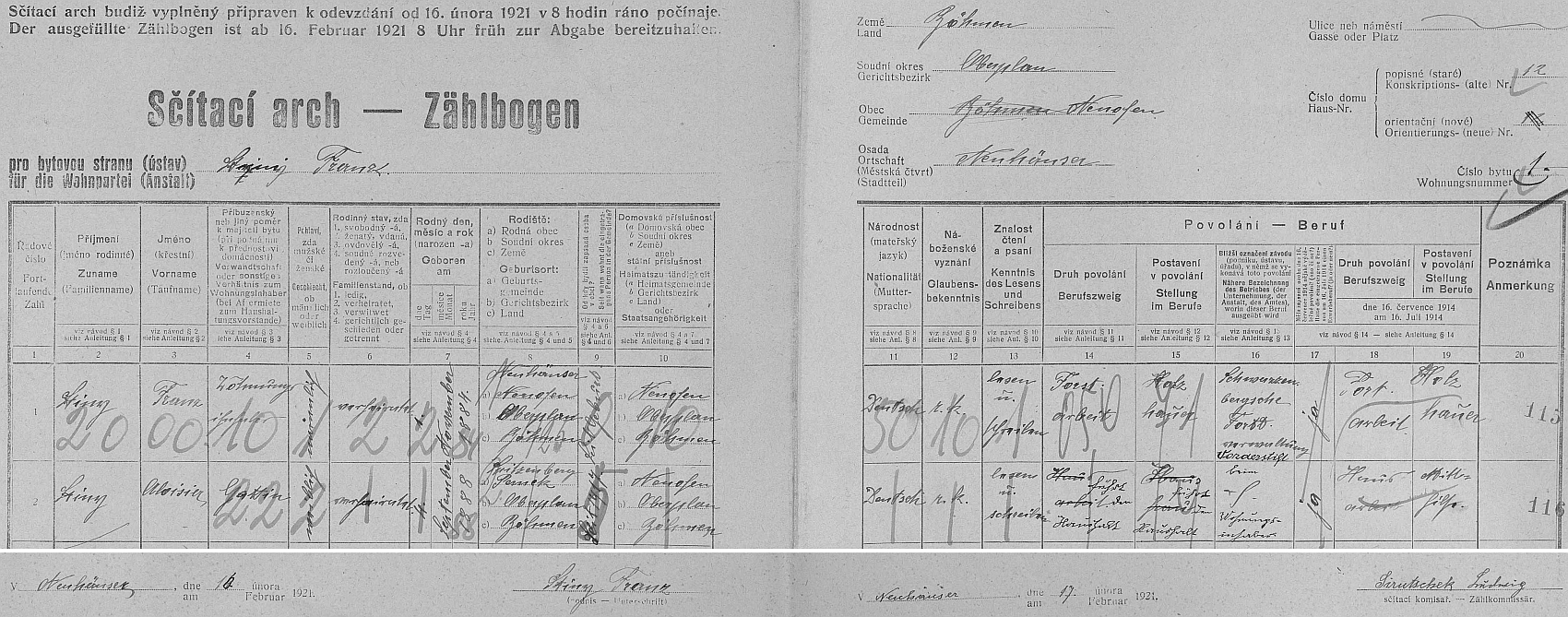 Podle archu sčítání lidu z roku 1921 pro stavení v Neuhäuser čp. 12 u Nové Pece se psal, jak je i jeho podpisu patrno, skutečně příjmením Stiny a Nikendey starší to zřejmě věděl