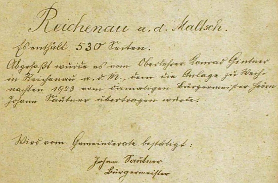 Titulní list pamětní knihy obce Rychnov nad Malší s podpisem starosty Johanna Sautnera