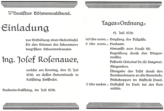 Pozvánka k odhalení pamětní tabule na rodném domě Josefa Rosenauera se Sazymovým slavnostním proslovem v červenci 1928 (viz i Josef Rosenauer)