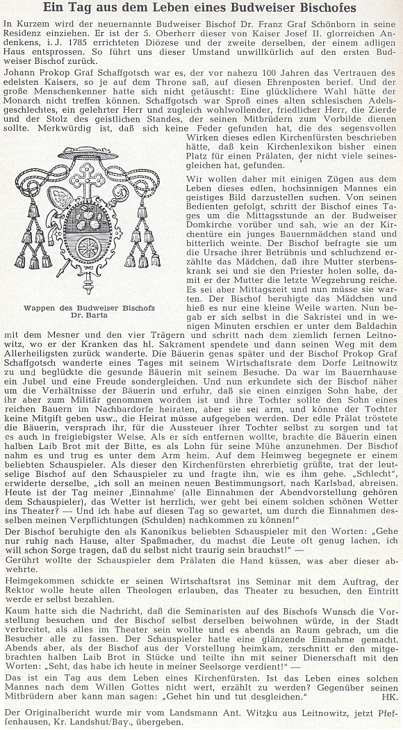 Tady se vrací díky krajanu Antonu Witzku z Litvínovic první českobudějovický biskup ve vzpomínce se šifrou "HK." na stránky německého "diecézního" časopisu v dobách, kdy o něm česky nemohlo padnout ani slovo