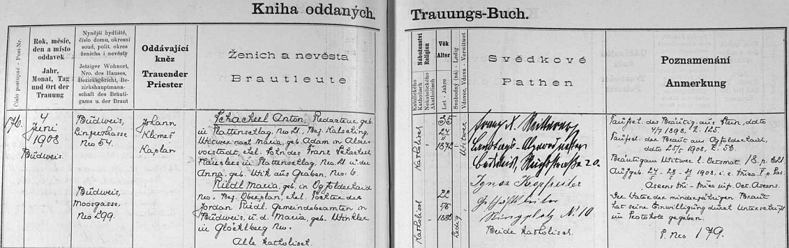 V Českých Budějovicích se 4. června 1908 oženil už jako vdovec po Marii, roz. Adamové z vídeňské městské části Alservorstadt, s Marií, roz. Riedlovou, původem ze zaniklého dnes Jablonce, dcerou českobudějovického městského úředníka Jordana Riedla a jeho ženy Marie, roz. Winklerové, z rovněž dnes zaniklé Zvonkové - jako svědek je na záznamu podepsán svým výrazným autogramem poslanec zemského sněmu a vydavatel Franz Xaver Reitterer