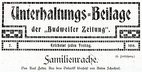 Záhlaví jednoho pokračování zábavné přílohy listu "Budweiser Zeitung", jehož text Schacherl přeložil z mezinárodního jazyka volapük