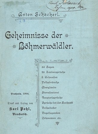 Obálka jeho díla, vydaného v roce 1900 Karlem Pohlem v Prachaticích