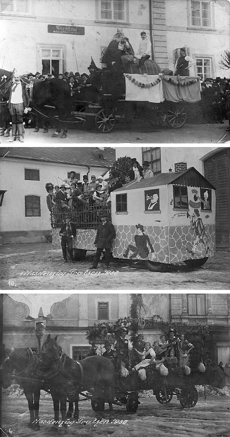 Masopustní vozy v Nových Hradech v roce jeho narození 1930