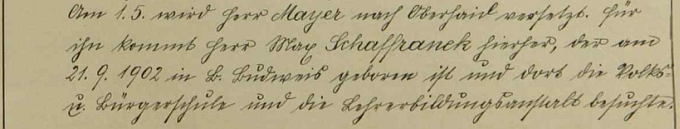 I s datem narození a údaji o dosavadním vzdělání je zaznamenán ve školní kronice příchod do školy v Rychnůvku v květnu roku 1927