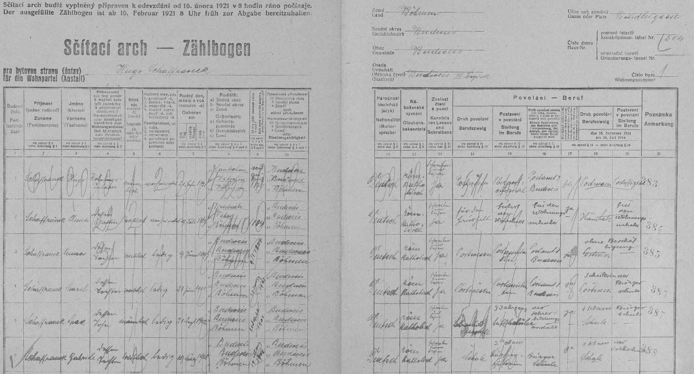 Jeho otec Hugo Schaffranek, narozený dne 21. února roku 1871 v Loučeni (Lautschin), okr. Jičín (dnes okr. Nymburk), vrchní poštovní oficiál v Českých Budějovicích, kde se narodily i všechny jeho děti, tu v domě čp. 504 na Doudlebské (dnes Dukelské) ulici zaznamenal na arch sčítání lidu z roku 1921 vlastní rukou data svá, své ženy Anny, narozené 9. června 1867 v Jistebnici, okr. Tábor, svých tří dcer, tj. Anny, narozené 9. června 1867, Marie, narozené 23. června 1901, a Gabriele, narozené 19. března 1908 (ta chodila v roce 1921 ještě do měšťanky, obě starší dcery byly zaměstnány u pošty), jakož i syna Maxe, narozeného 21. září roku 1902 a studujícího v té době na německém učitelském ústavu zde v Českých Budějovicích